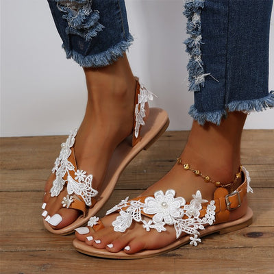 Lace Sandals Bohemia Beach Shoes Flowers Ankle Strap Flat Shoes Summer - White A - Women's Sandals - Carvan Mart