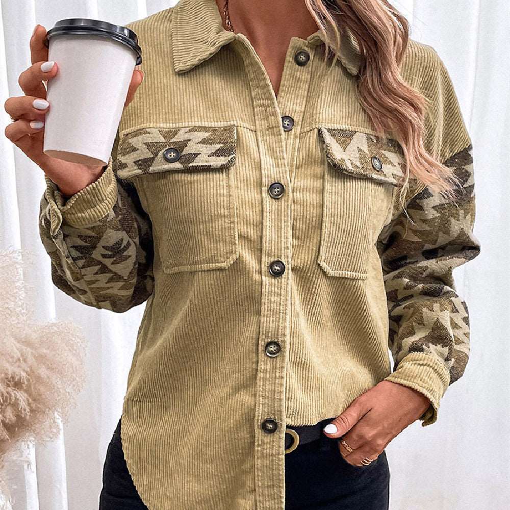 Fashion Print Stitching Lapel Women's Khaki Cotton Jacket - Carvan Mart