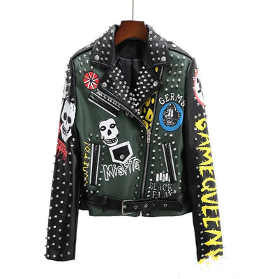 Women's Leather Rider Jacket with Studs Floral Print Short Jacket - Black - Leather & Suede - Carvan Mart