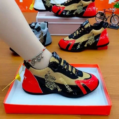 Embroidered Leather Tent Double Mesh Sneakers - Stylish Korean Thick Soled Shoes for Women - Red - Women's Shoes - Carvan Mart