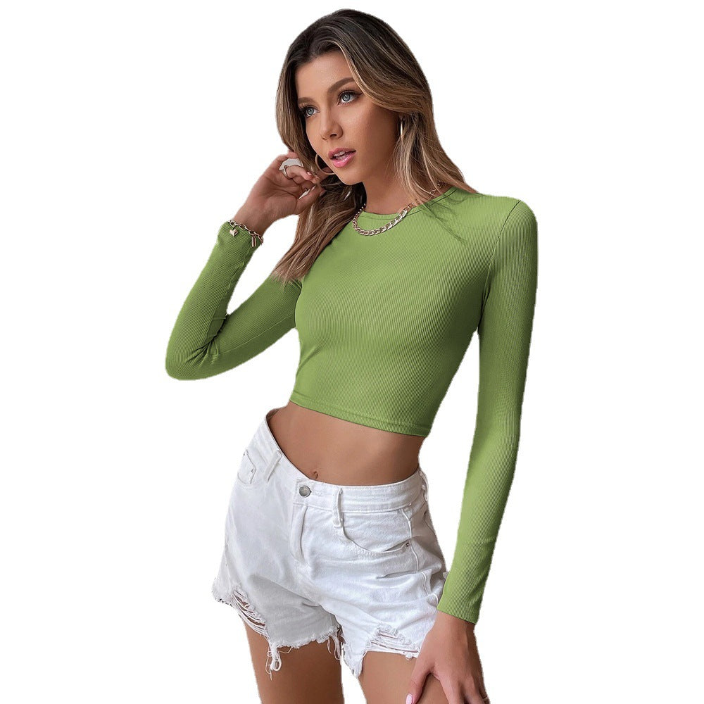 Sexy Backless Casual Short Slim Knit Long Sleeve Women's T-shirt Top - Green - Blouses & Shirts - Carvan Mart