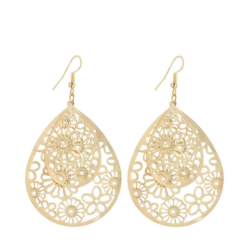 Double-layer Water Drop Hollow Retro Earrings - Carvan Mart