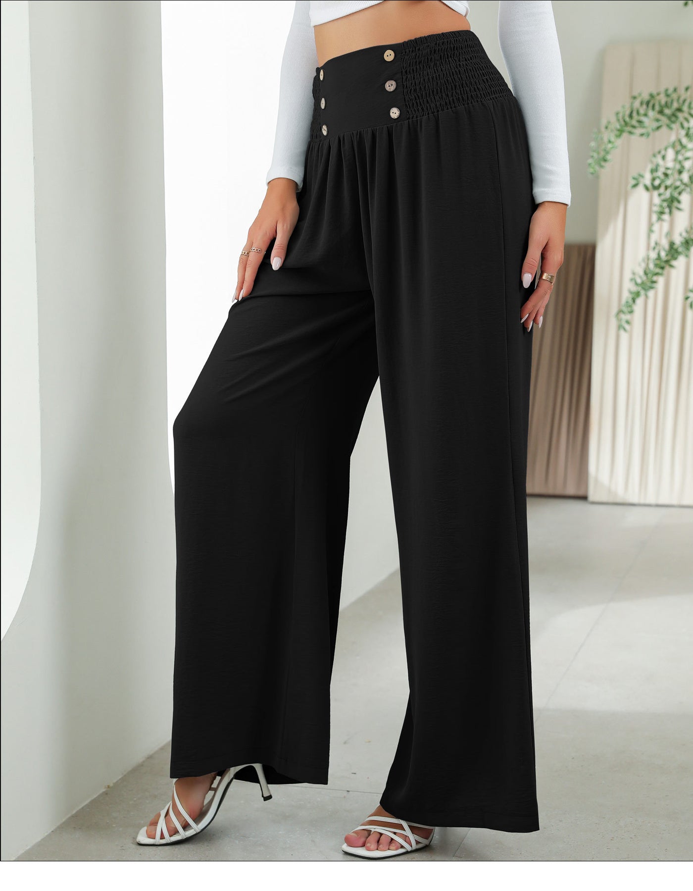 Chic Wide-Leg Pants for Women - High Waist Button Detail - - Pants & Capris - Carvan Mart