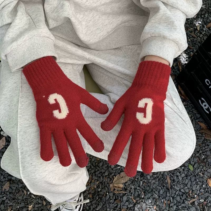 Candy Color Letter C Thick Cute Wool Knitted Warm Gloves - Purplish Red - Women Gloves & Mittens - Carvan Mart