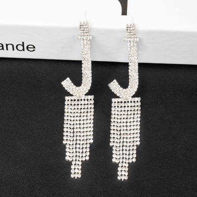 Fashion Jewelry 925 Silver Needle Ornaments Rhinestone Letter B Earrings Banquet Tassel Ear Ornaments Earrings - Silver J - Earrings - Carvan Mart