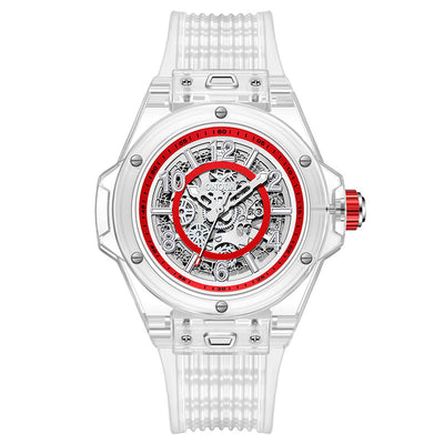 Men's Waterproof Transparent Automatic Mechanical Watch - White Red Leucorrhea - Men's Watches - Carvan Mart