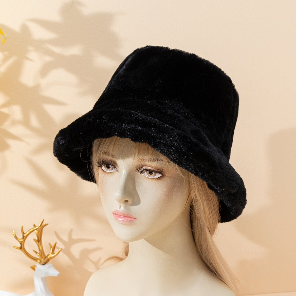 Thickened Plush And Minimalist Imitation Rabbit Hair Basin And Sweet Female Bucket Hat - Black M - Women's Hats & Caps - Carvan Mart