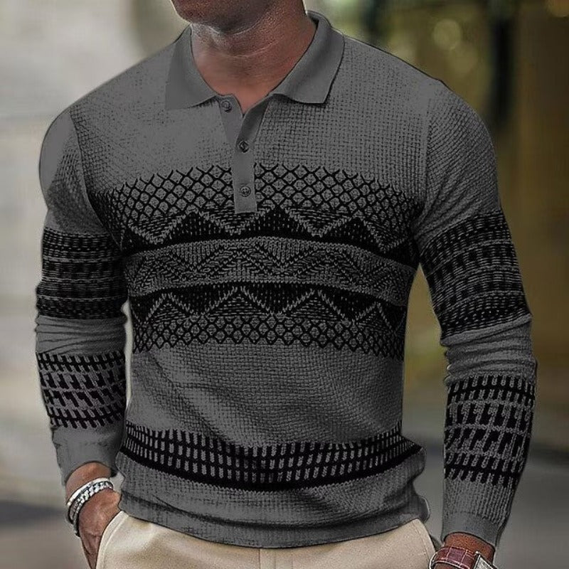 Men's Long Sleeve Polo Shirt - Stylish Geometric Knit Design for Casual and Sports Wear - Gray - Men's Shirts - Carvan Mart