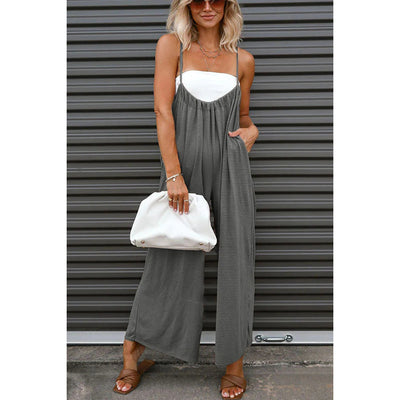 Strap High Waist Casual Wide Leg Jumpsuit - Grey - Jumpsuits & Rompers - Carvan Mart