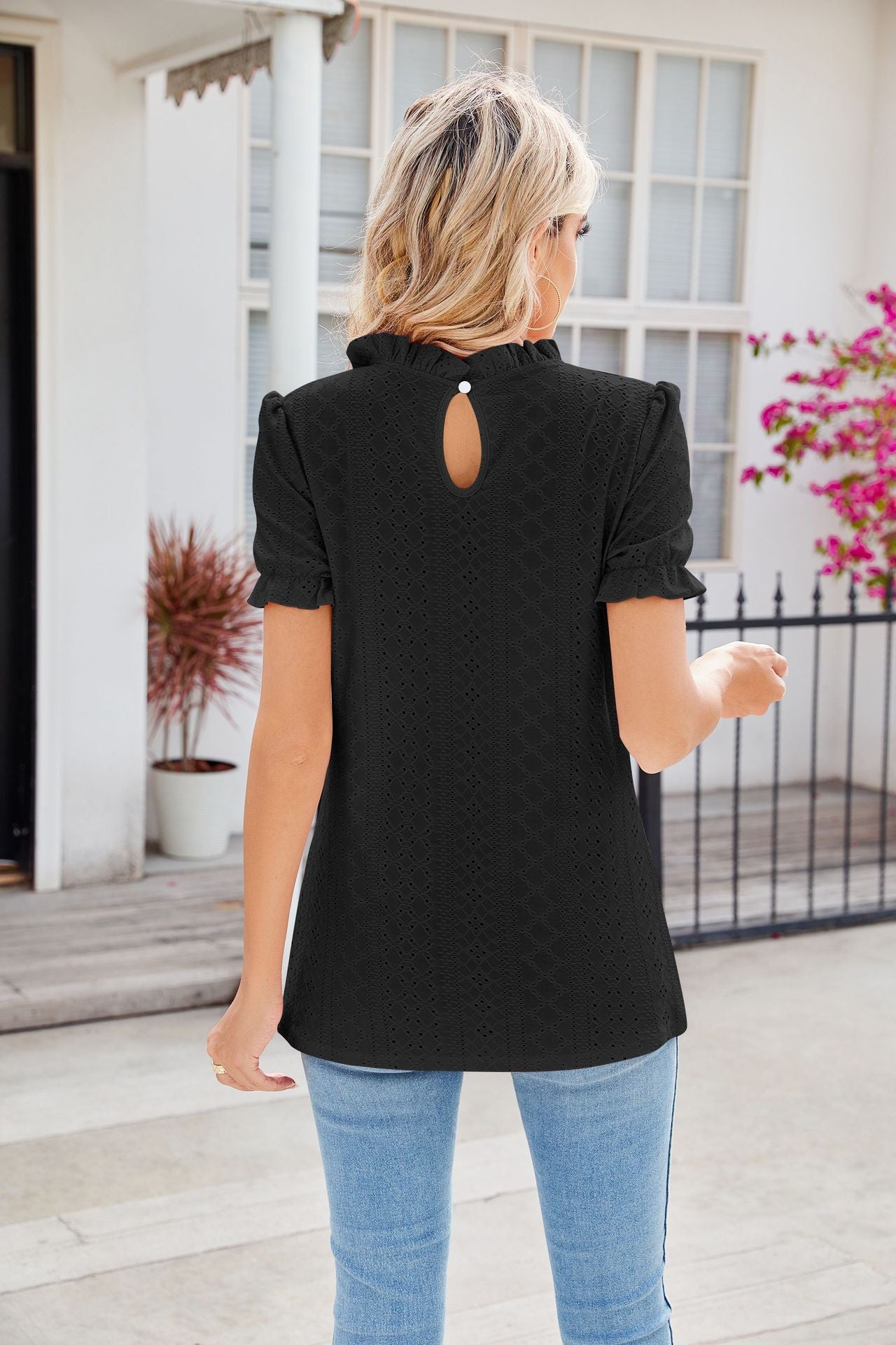 Women Lacework Round Neck Top Summer Puff Sleeves Loose Pleated T-shirt - Carvan Mart