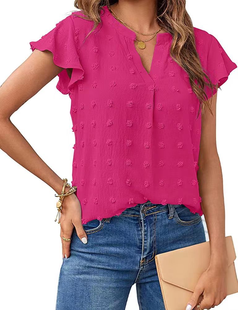 Women Summer V Neck Ruffle Short Sleeve Blouse Dot Flowy Shirt Top - Carvan Mart