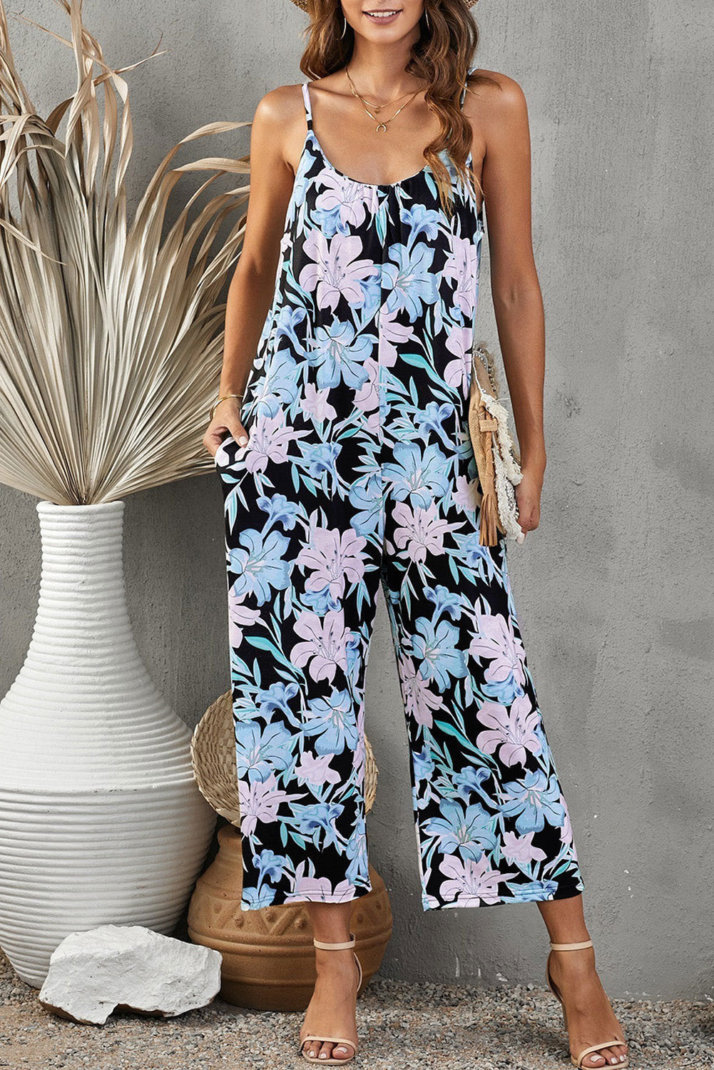 Jumpsuit Flowers Print Suspender With Pockets Fashion Round-neck Overalls For Women