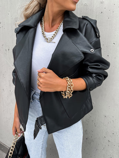 Women's Leather Top Coat Loose Lapel Jacket - Carvan Mart