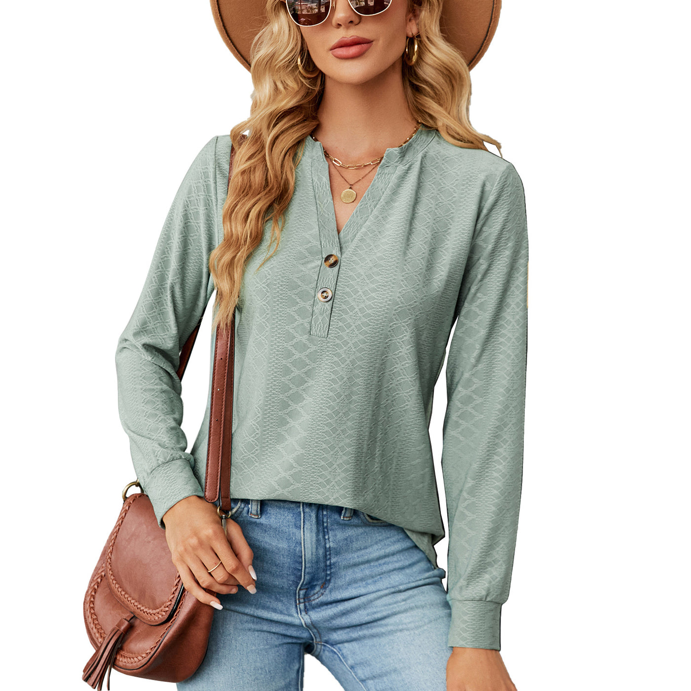 Relaxed-fit V-neck Tees Solid Color Button Jacquard Loose Long Sleeve Top - Carvan Mart