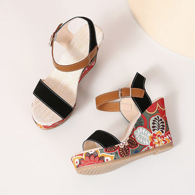 High Wedge Sandals For Women Flowers Embroidered Summer Toe Platform Buckle Shoes - Carvan Mart