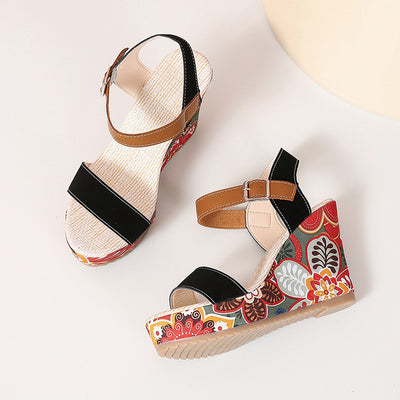 High Wedge Sandals For Women Flowers Embroidered Summer Toe Platform Buckle Shoes - - Women's Sandals - Carvan Mart