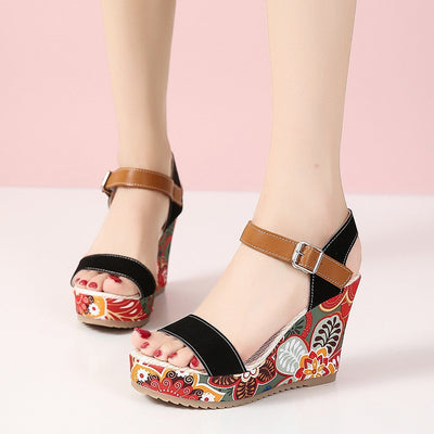 High Wedge Sandals For Women Flowers Embroidered Summer Toe Platform Buckle Shoes - Carvan Mart