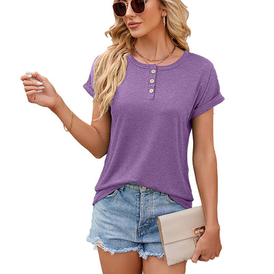 Round Neck Short Sleeve T-Shirt Women's Summer Loose Shirt - Purple - Blouses & Shirts - Carvan Mart