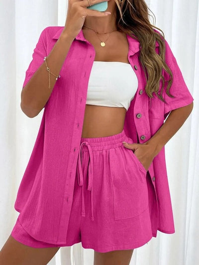 Solid Simple Two-piece Set, Elegant Short Sleeve Button Up Shirt & Drawstring Shorts Outfits, Women's Clothing - Carvan Mart