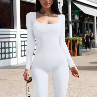 Long Sleeve Vest Jumpsuit Thread Square Collar Backless Hip Raise Slim Fit Sports Jumpsuit - Carvan Mart