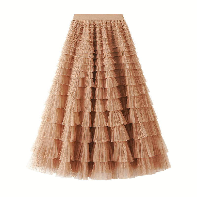 Women's Cupcake Skirt A-Line Mesh Ruffle Skirt Temperament Sweet Long Skirt