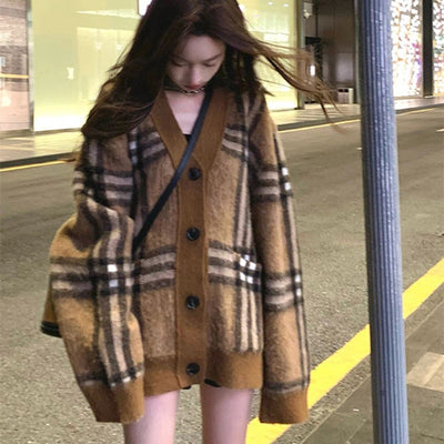 Women Sweater Loose And Lazy Style Mid-length Knitted Cardigan Jacket - Brown - Sweaters - Carvan Mart