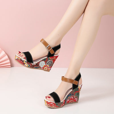 High Wedge Sandals For Women Flowers Embroidered Summer Toe Platform Buckle Shoes - Carvan Mart