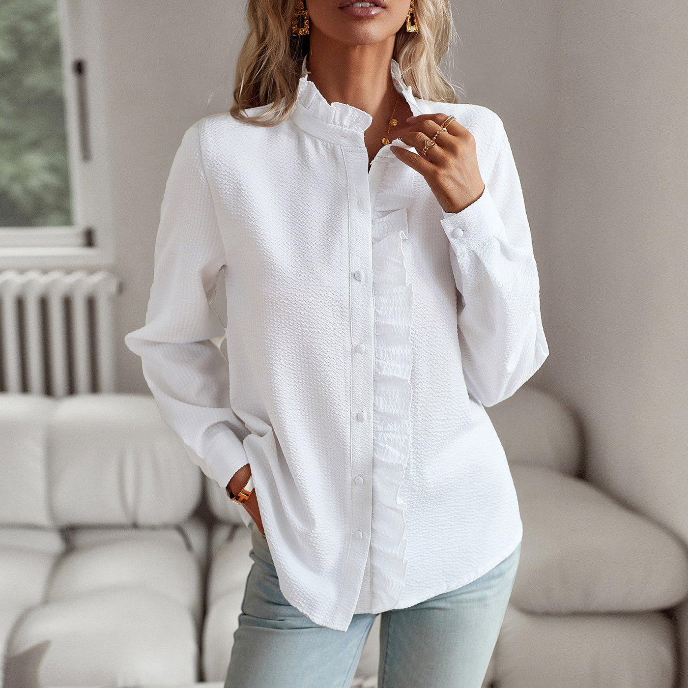Striped Long Sleeve Shirt Fashion Ruffle Design Button Up Tops Casual Office Blouse Elegant Commuting Women's Clothing - Carvan Mart