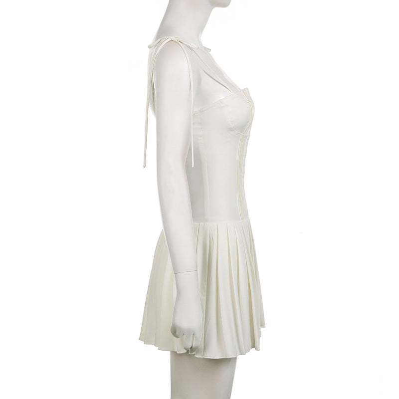 Coquette Dress Women's Versatile Casual Waist Pleated Mini White Dress - Carvan Mart