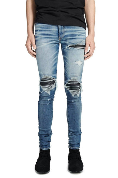 Patched Leather Pleats And Patchwork For Old Washed Light Colored Jeans For Men - Carvan Mart