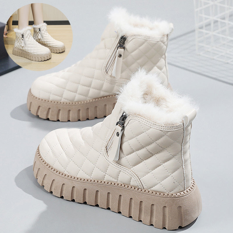 Women's Plaid Pattern Platform Ankle Boots Side Zipper Plush Lined Snow Boots - Carvan Mart