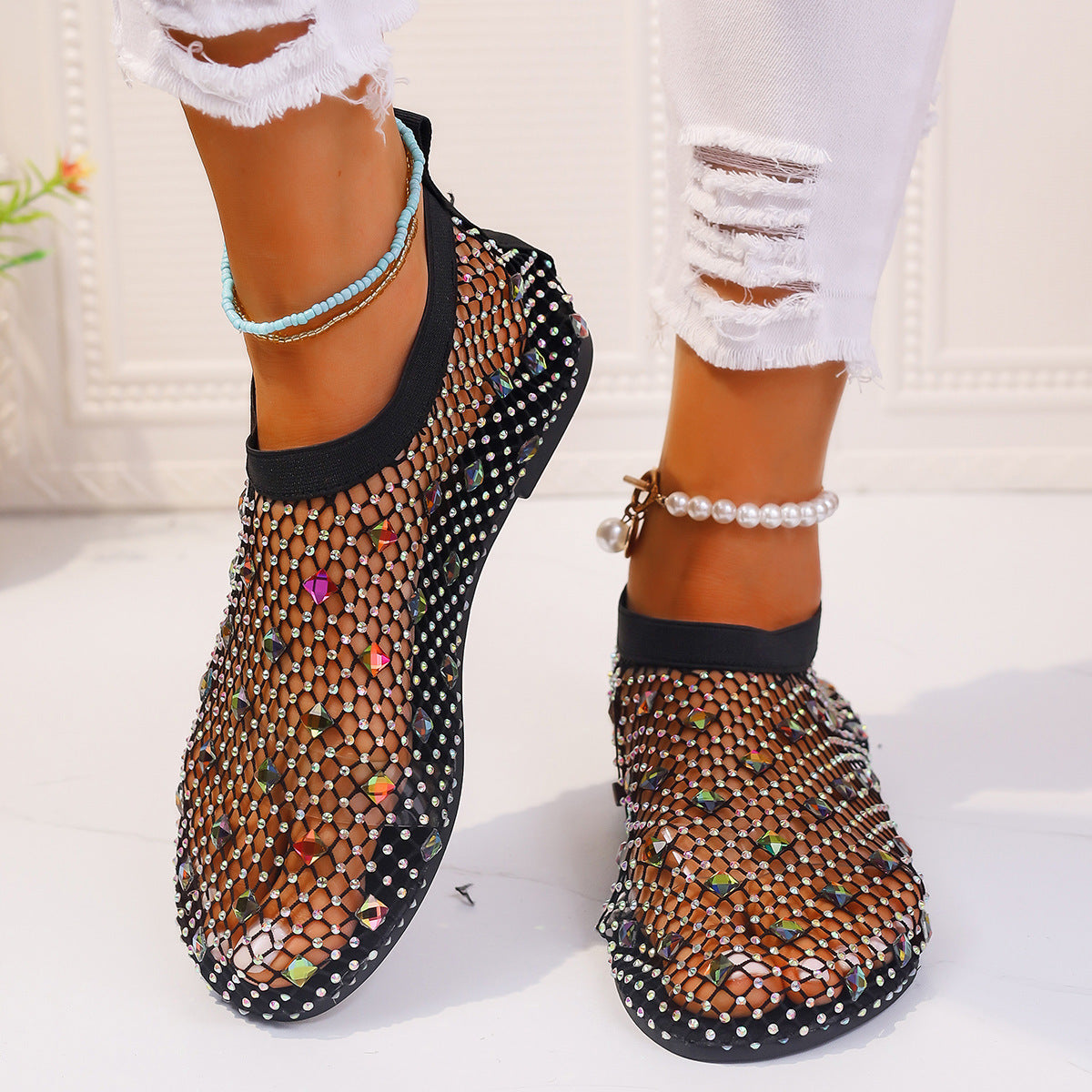 Mesh Flat Sandals With Colorful Rhinestone Summer Round Toe Beach Shoes For Women - Black Colorful Rhinestone - Women's Sandals - Carvan Mart