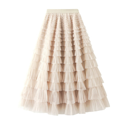 Women's Cupcake Skirt A-Line Mesh Ruffle Skirt Temperament Sweet Long Skirt