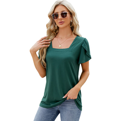 Bohemian Summer Top Square Neck With Petal Sleeve Design Women's T-shirt - Dark Green - Blouses & Shirts - Carvan Mart