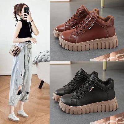 Women's Thick Soled High Top Casual Shoes - Cozy Thermal Fur Lining Non-slip Fashion Lace-Up Ankle Boots - - Women's Shoes - Carvan Mart