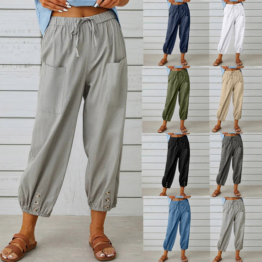 Women Drawstring Tie Pants Spring Summer Cotton And Linen Trousers With Pockets Button - Carvan Mart Ltd