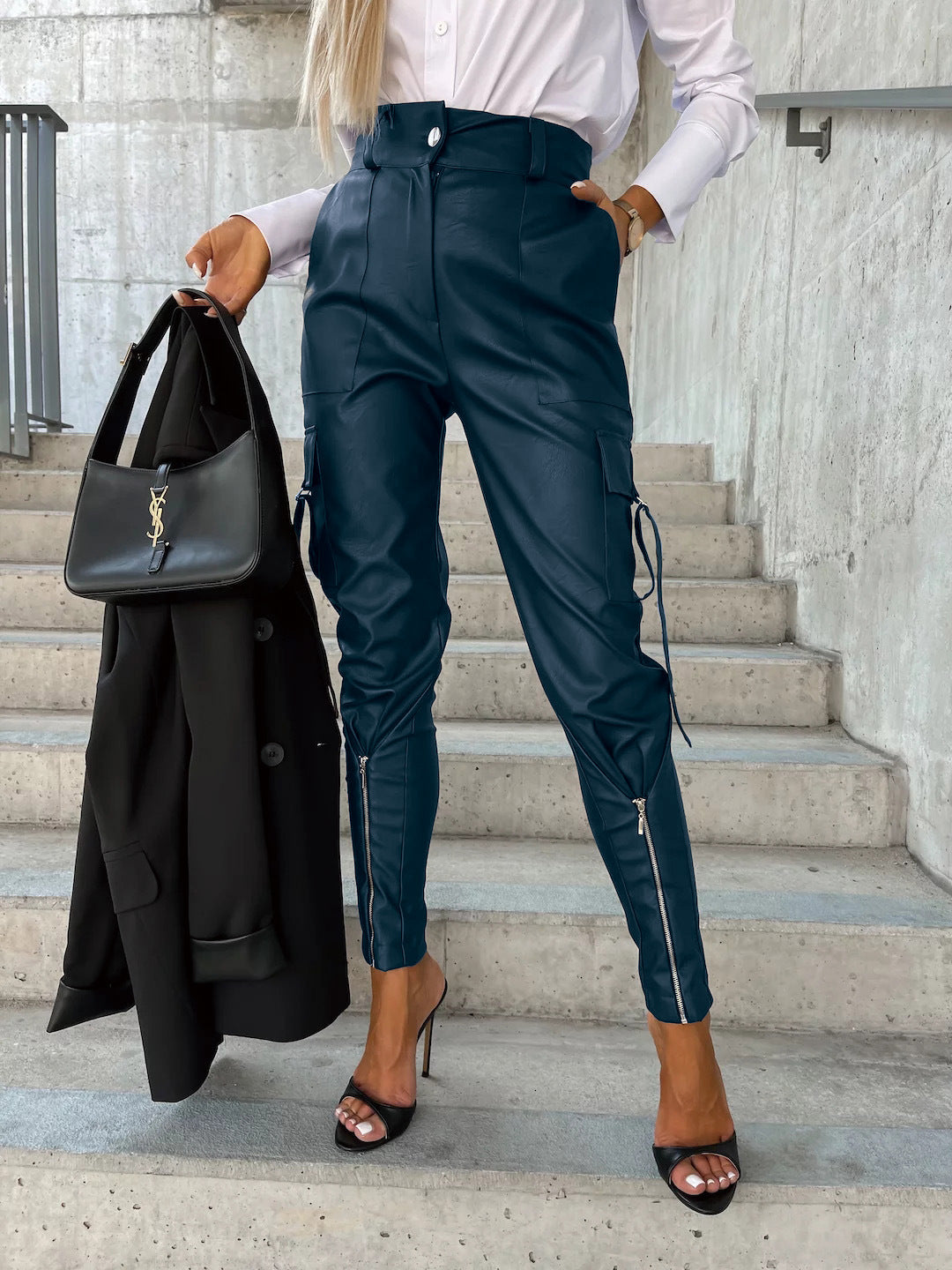 Fashion Slim Leather Trouser Women Waist-cinching Zipper Pants With Pockets