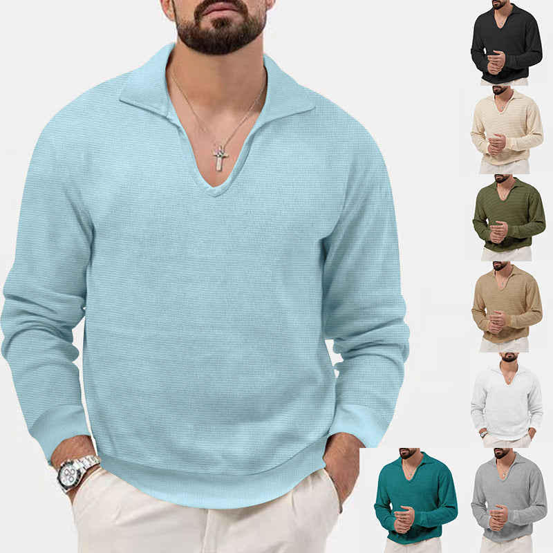 Waffle Casual Men's Henley Shirts Long-sleeved Loose T-shirt - - Men's Shirts - Carvan Mart