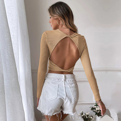 Sexy Backless Casual Short Slim Knit Long Sleeve Women's T-shirt Top - Carvan Mart
