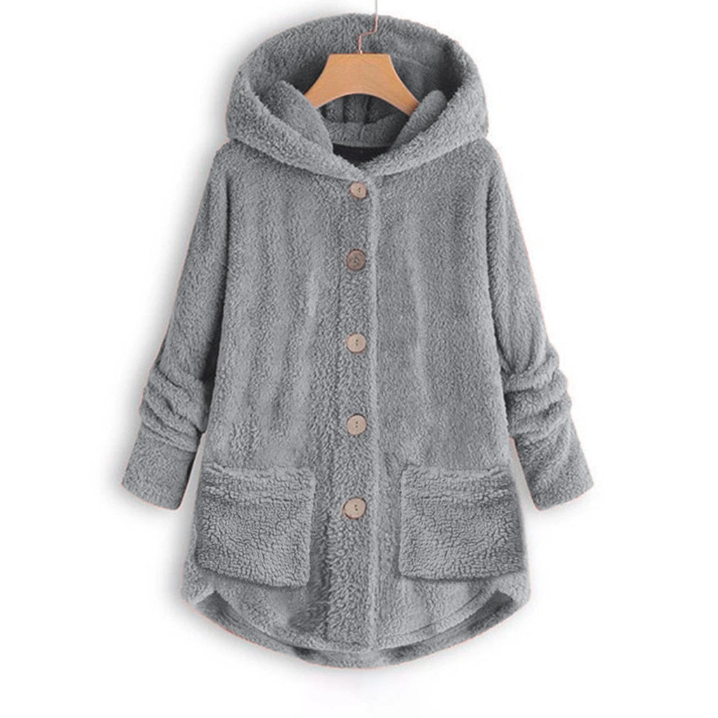 Hooded Plush Women's Cardigan Irregular Fleece Winter Top - Grey - Women's Coats & Jackets - Carvan Mart