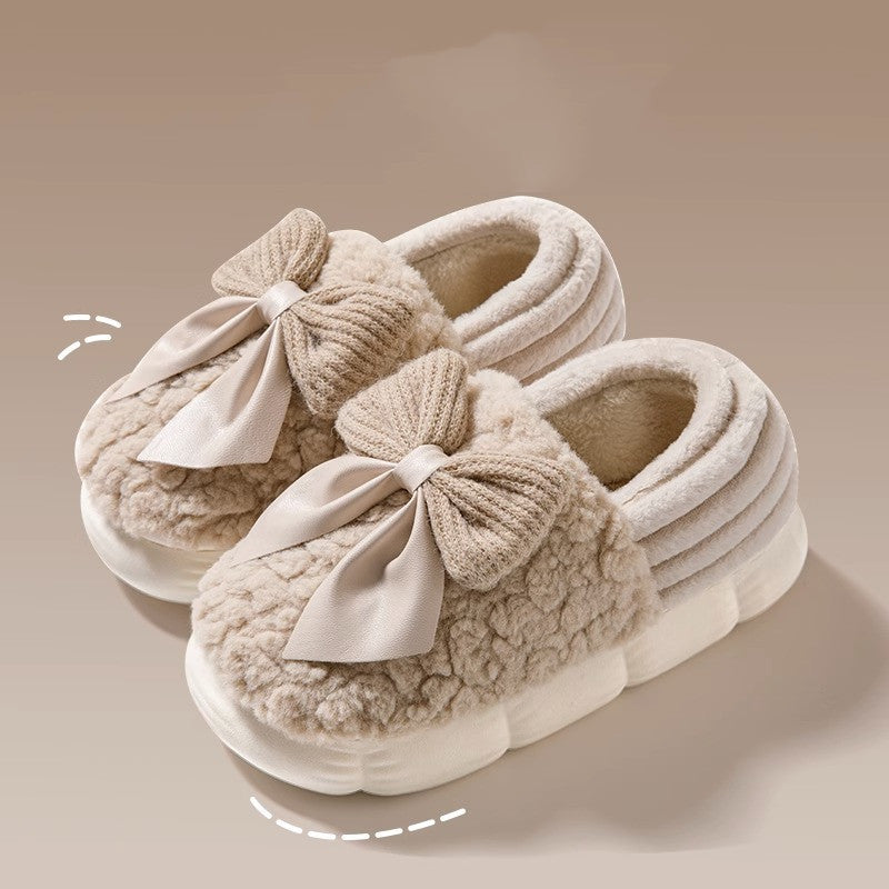 Women's Cozy Bowknot Slippers - Fleece-Lined Indoor House Shoes - Khaki - Women's Slippers - Carvan Mart