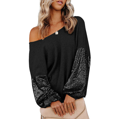 Sequined European And American Design Backless Waffle Knitted Sweater - Black - Tops & Tees - Carvan Mart