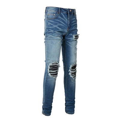 Patched Leather Pleats And Patchwork For Old Washed Light Colored Jeans For Men - Carvan Mart