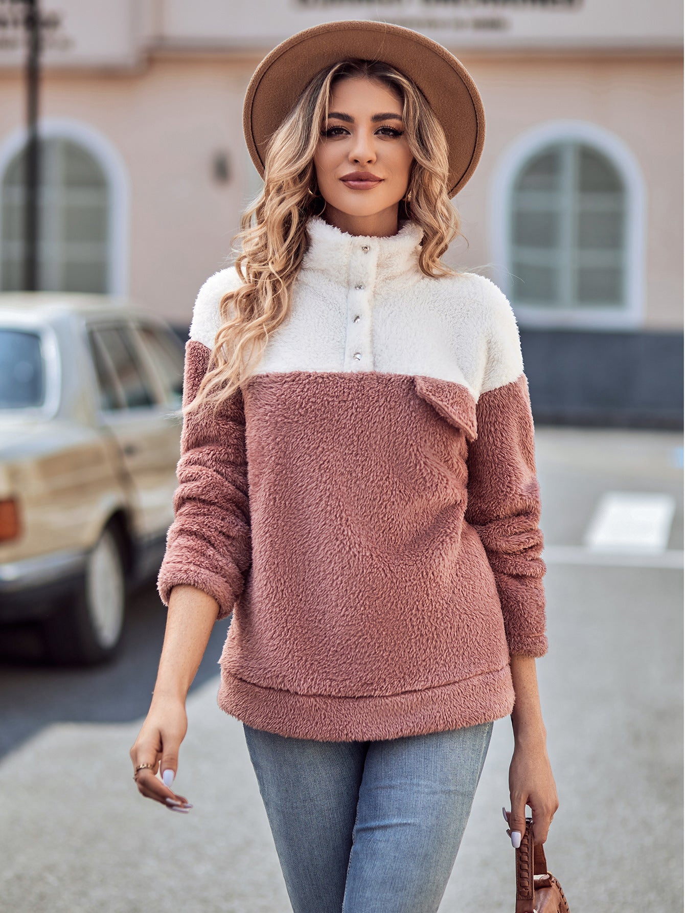 Patchwork Jumper Color Stand Collar Plush Thick Top For Women - Carvan Mart
