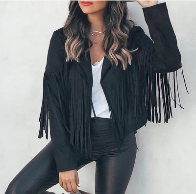 Women's Faux Suede Leather Fringe Jacket Motorcycle Moto Biker Short Open Front Tassel Coat - Carvan Mart