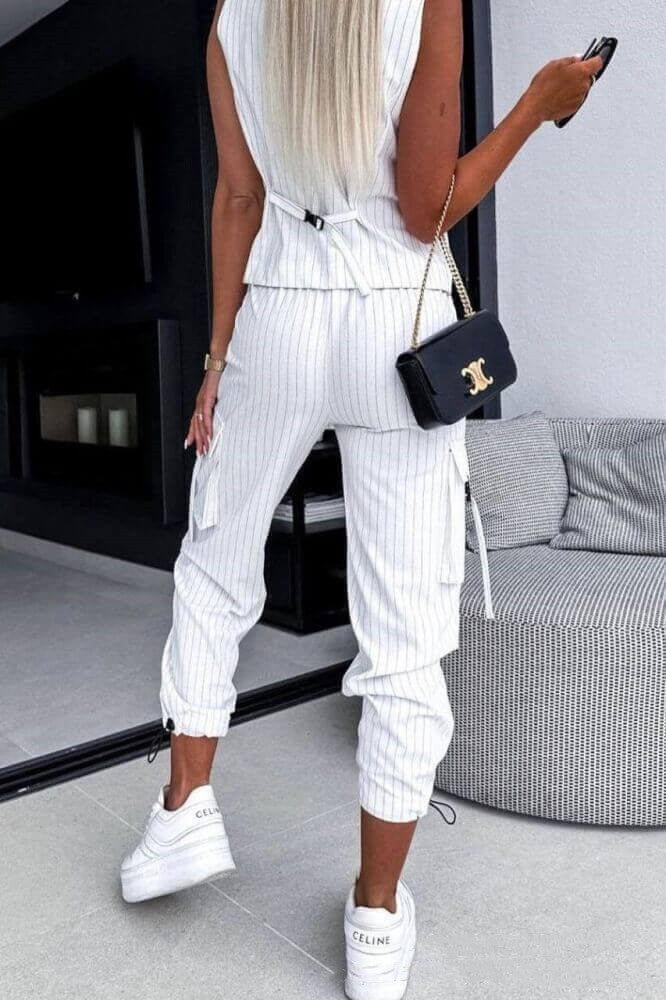 Women's Two Piece Suit Striped Sleeveless Vest Leisure Commute Cropped Pant Suit - Carvan Mart