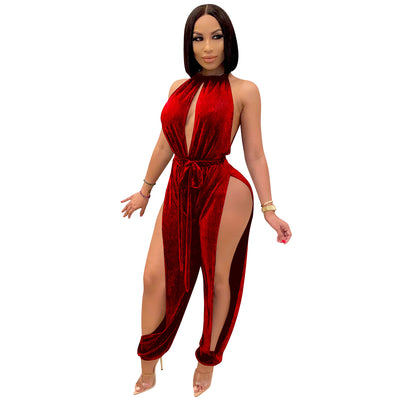 Lace-up Stretch Split Women's Jumpsuit - Red - Jumpsuits & Rompers - Carvan Mart