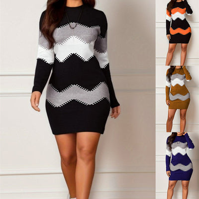 Mid-length Short Skirt Round Neck Long Sleeve Printed Knitted Sheath Dress - Carvan Mart