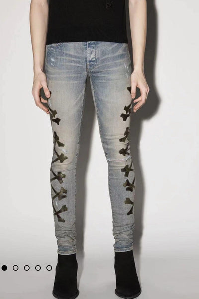 Men's Fashion Holes Bone Pattern Leather Stretch Skinny Jeans - - Men's Jeans - Carvan Mart