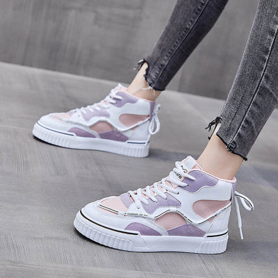 High Top White Running Shoes for Women - Flat PU Sneakers - - Women's Shoes - Carvan Mart